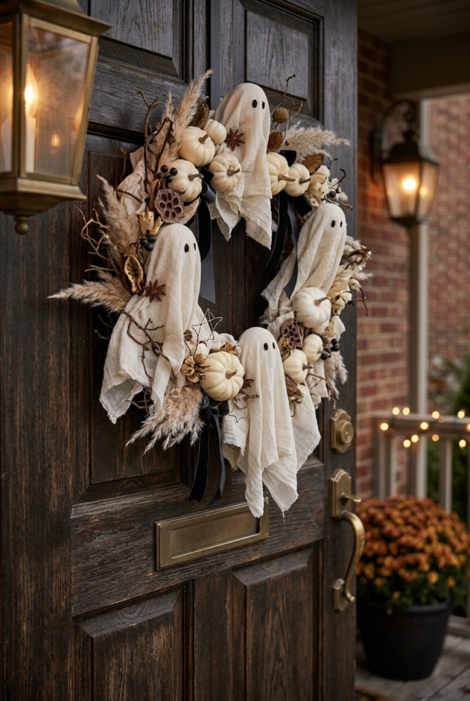 A Halloween wreath featuring white fabric ghosts, small white pumpkins, and dried grasses hanging on a dark wooden front door next to a lit lantern.