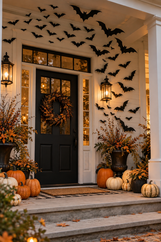 Black bat cutouts arranged in a flock pattern on the white siding above a front door, accompanied by pumpkins and fall foliage.