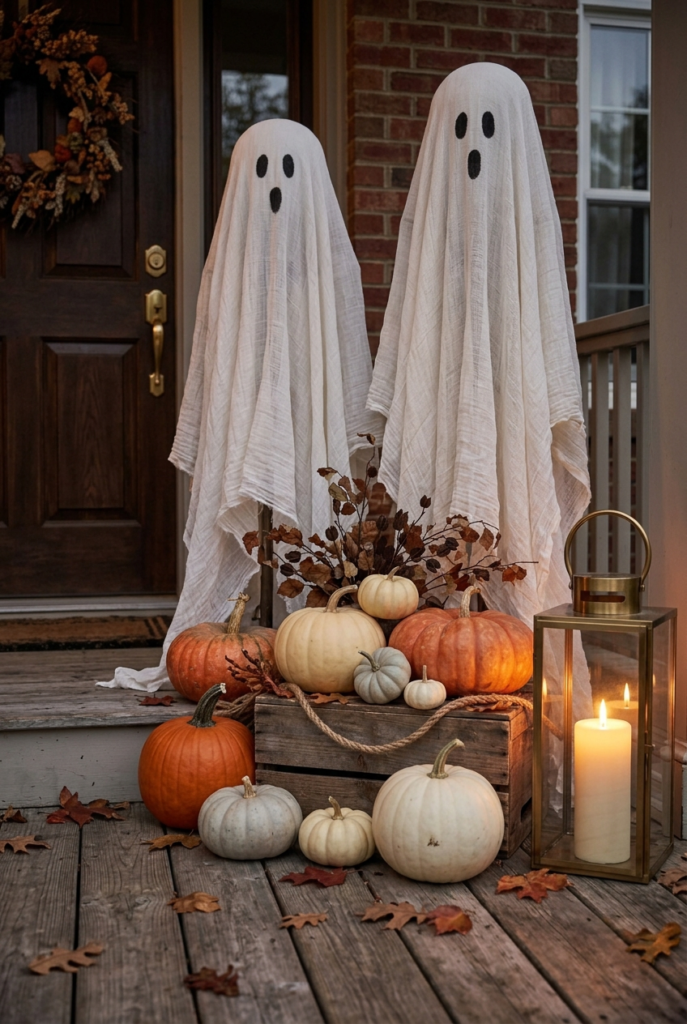 Two white sheet ghosts with black faces stand on a wooden porch next to a crate of orange and white pumpkins and a lit candle in a brass lantern.