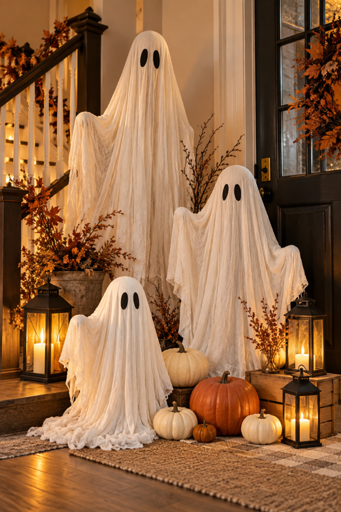 Three white sheet ghosts with black eyes stand on a front porch next to pumpkins, black lanterns with lit candles, and dried autumn branches.