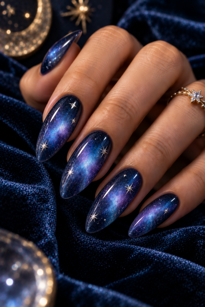 A close-up of long, almond-shaped nails featuring a deep blue and purple galaxy design with small star decals, resting on dark blue velvet fabric.
