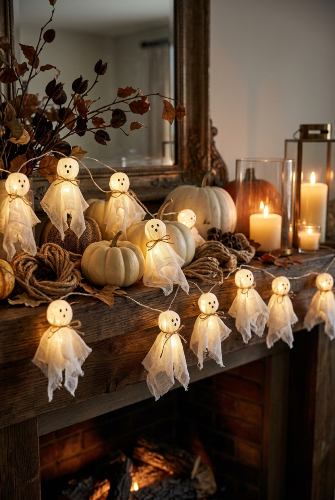 A string of small, glowing ghost lights draped across a wooden mantel, surrounded by white pumpkins, dried leaves, and lit candles.