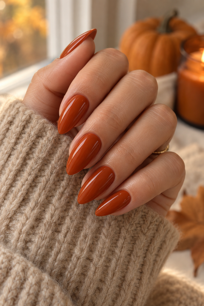 Glossy burnt orange almond nails