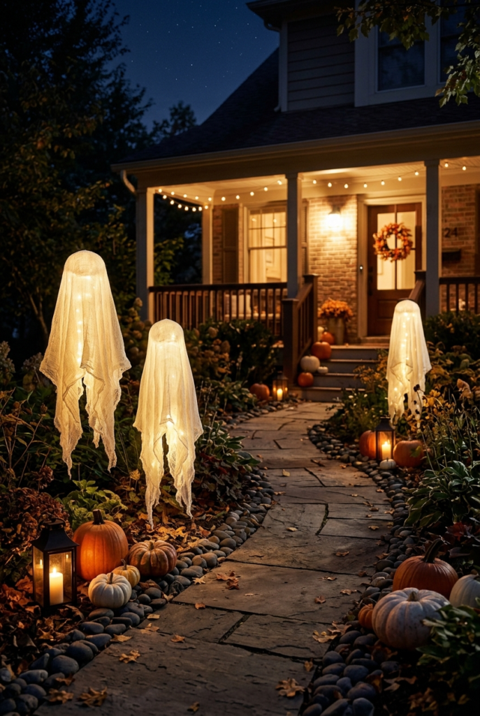 Three glowing ghost decorations stand along a stone walkway lined with pumpkins and lanterns, leading to a house porch with string lights at dusk.