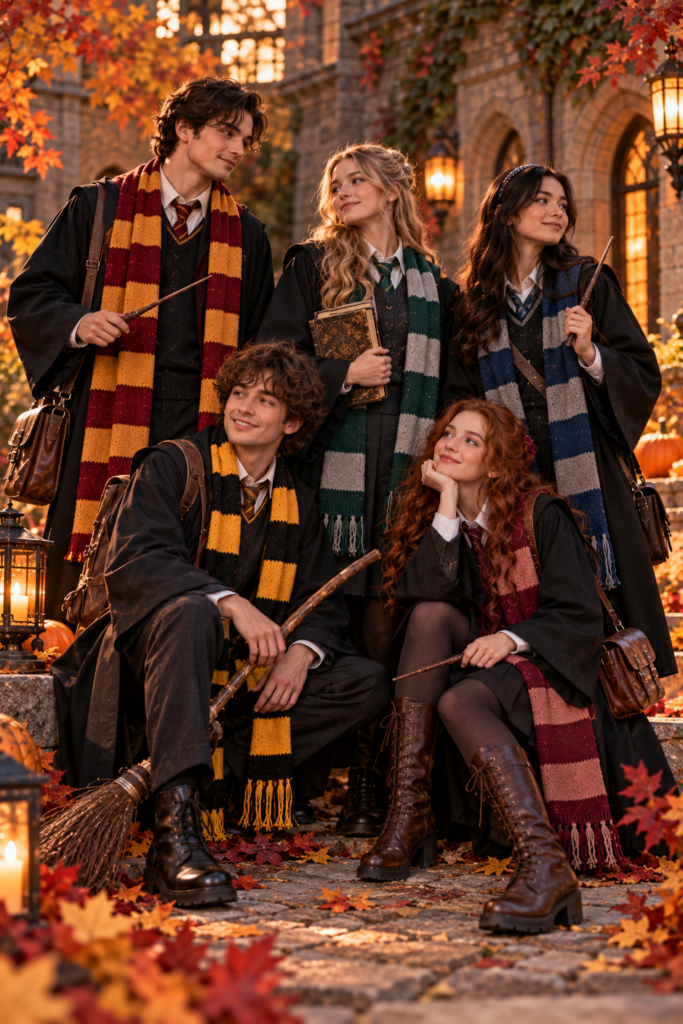 Group wearing coordinated original magical-school Halloween costumes