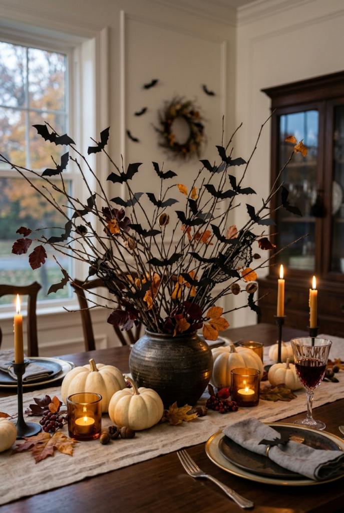 A dining table centerpiece featuring a vase of bare branches with paper bats, surrounded by white pumpkins, candles, and autumn leaves.