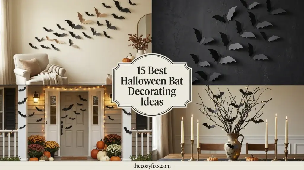 A collage showing four different ways to use paper bat decorations, including on a living room wall, a front porch, a dark accent wall, and in a vase with branches.