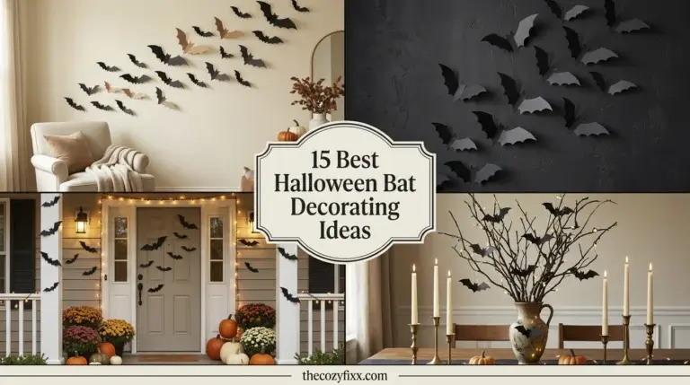 A collage showing four different ways to use paper bat decorations, including on a living room wall, a front porch, a dark accent wall, and in a vase with branches.