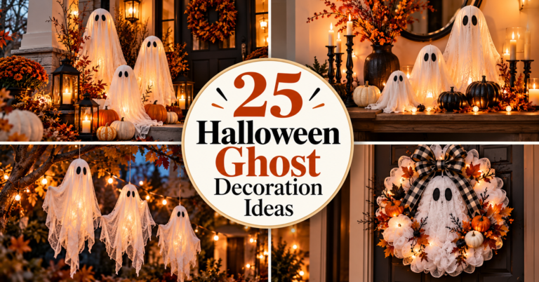 A collage of four photos showing white ghost decorations on a porch and door, featuring glowing fabric ghosts, pumpkins, candles, and a ghost wreath with a checkered bow.