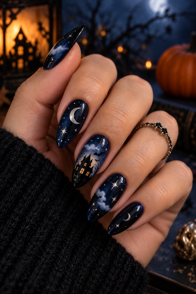 Halloween manicure inspired by a haunted night sky