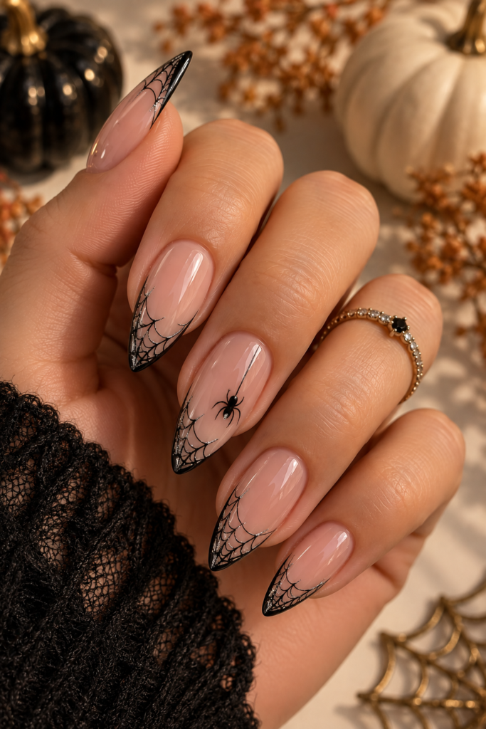 Halloween manicure with translucent nude glossy nails