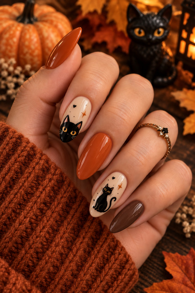 Halloween manicure with warm neutral and muted pumpkin-orange glossy nails