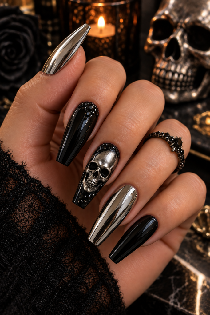 Halloween nail art featuring reflective silver chrome
