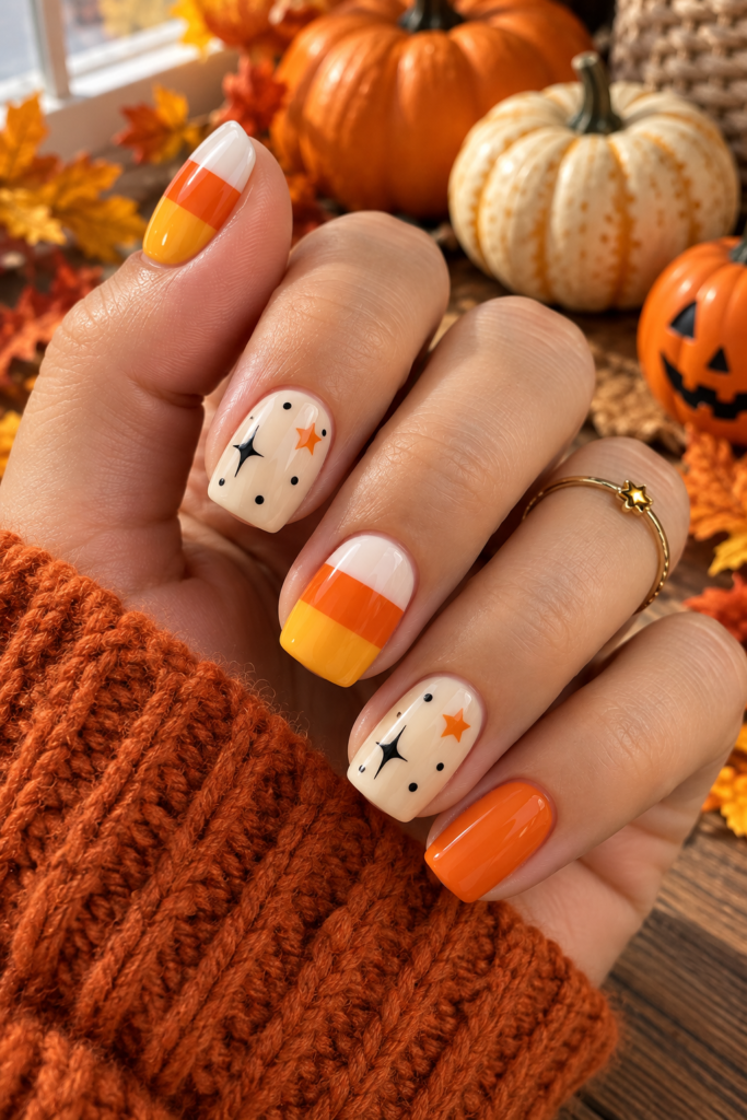 Halloween nail design featuring candy-corn-inspired