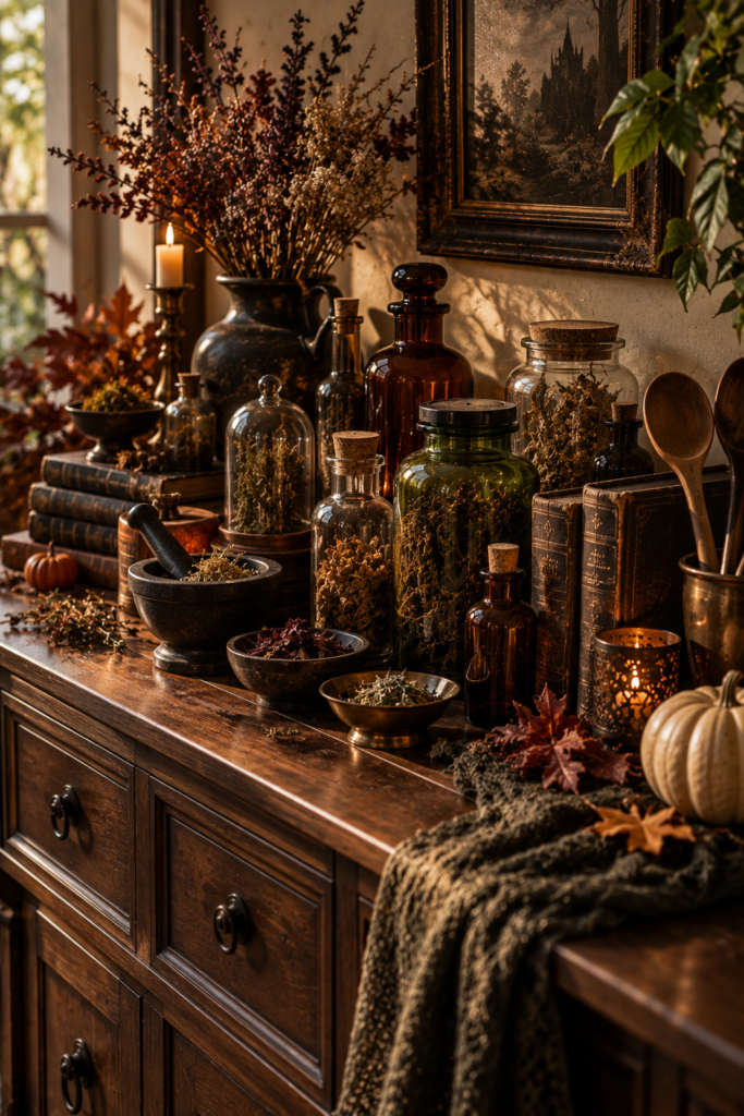 Halloween potion station with amber bottles, herbs, jars, and vintage accessories