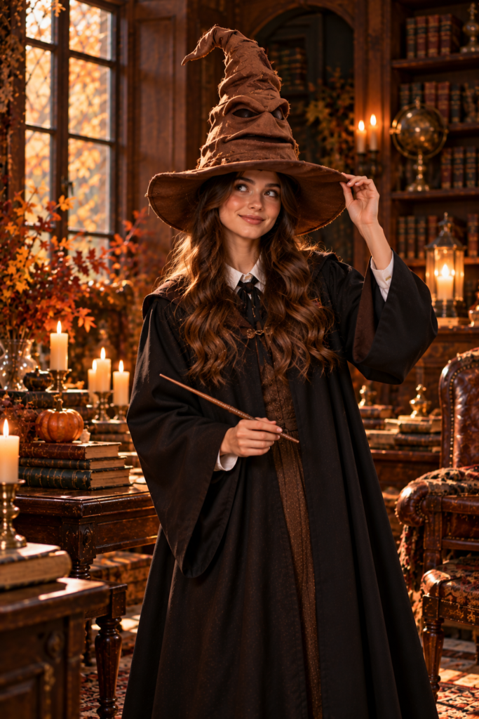 Handmade enchanted-hat-inspired Halloween costume with black robe
