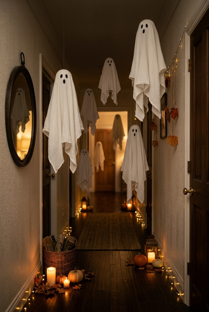 White cloth ghosts with black faces hang from the ceiling in a dim hallway, surrounded by string lights, candles, and small pumpkins on the floor.