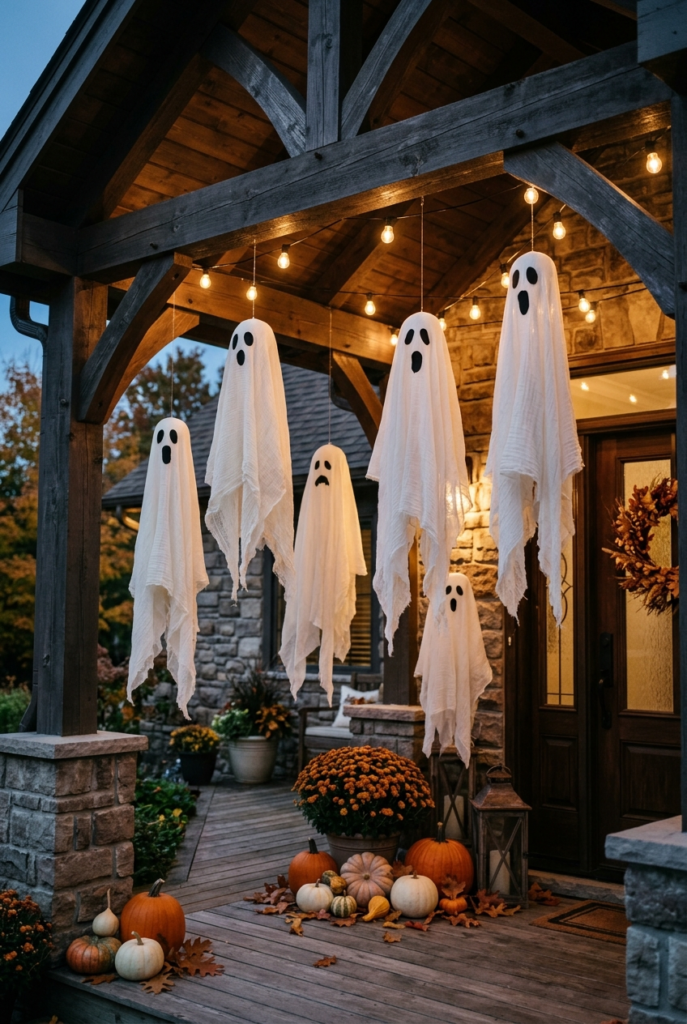 White fabric ghosts with black faces hang from a wooden porch ceiling, surrounded by string lights, pumpkins, and potted mums.