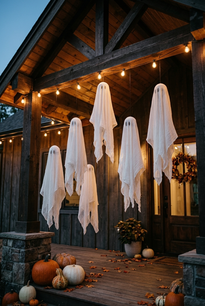 White fabric ghosts with simple eye details hang from the wooden beams of a dark porch, surrounded by string lights, pumpkins, and scattered autumn leaves.