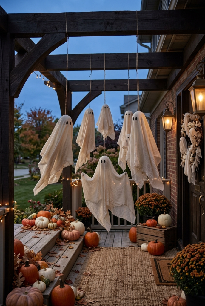 White cloth ghosts with black eyes hang from a wooden porch beam, surrounded by pumpkins, mums, and string lights at dusk.