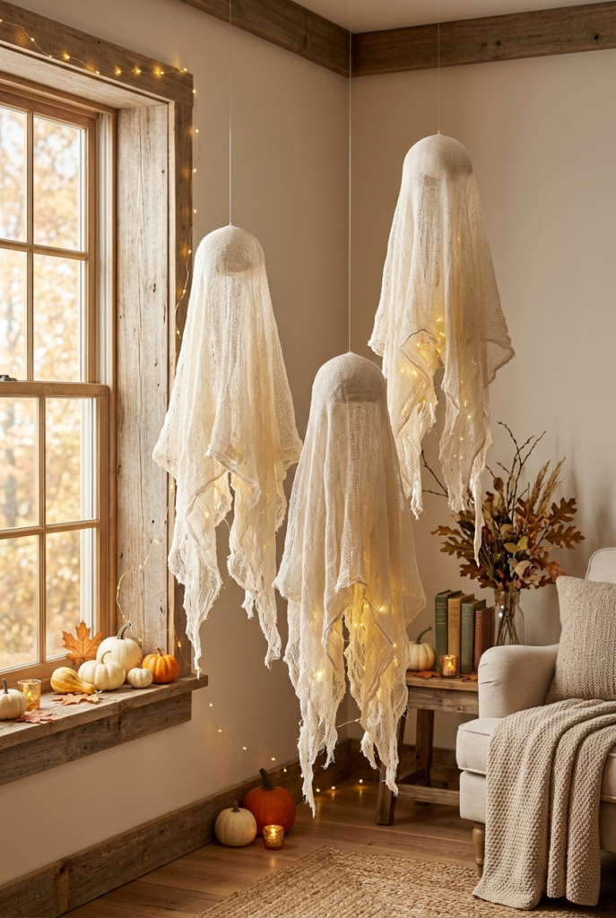 Three white fabric ghosts hang from the ceiling in a living room corner, illuminated by warm string lights. A rustic window sill below holds small pumpkins and a gourd, while a beige armchair sits nearby.