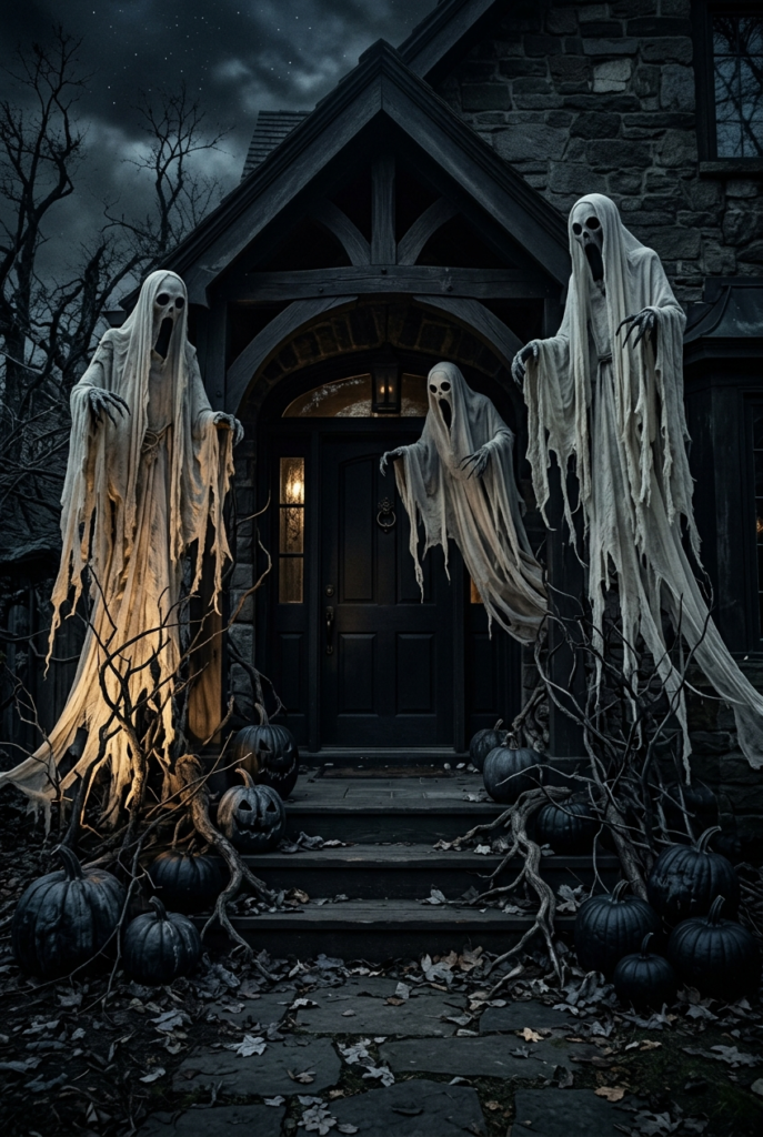 Three tattered white ghost figures stand on a stone porch with black pumpkins and bare branches under a dark, cloudy sky.