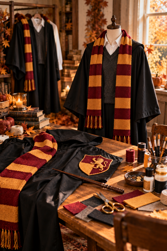 Homemade wizard costume with robe, scarf, wand, and DIY craft supplies