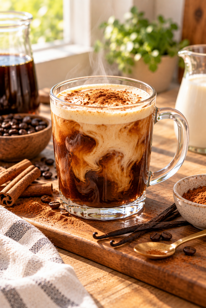 A glass mug of iced coffee with a creamy foam top and cinnamon dusting, sitting on a wooden board next to coffee beans, cinnamon sticks, and vanilla pods.