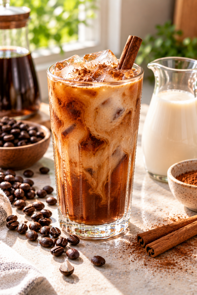 A tall glass of iced coffee with milk and ice, garnished with cinnamon sticks and a dusting of powder, sitting on a counter next to scattered coffee beans, a small pitcher of milk, and a bowl of ground spice.