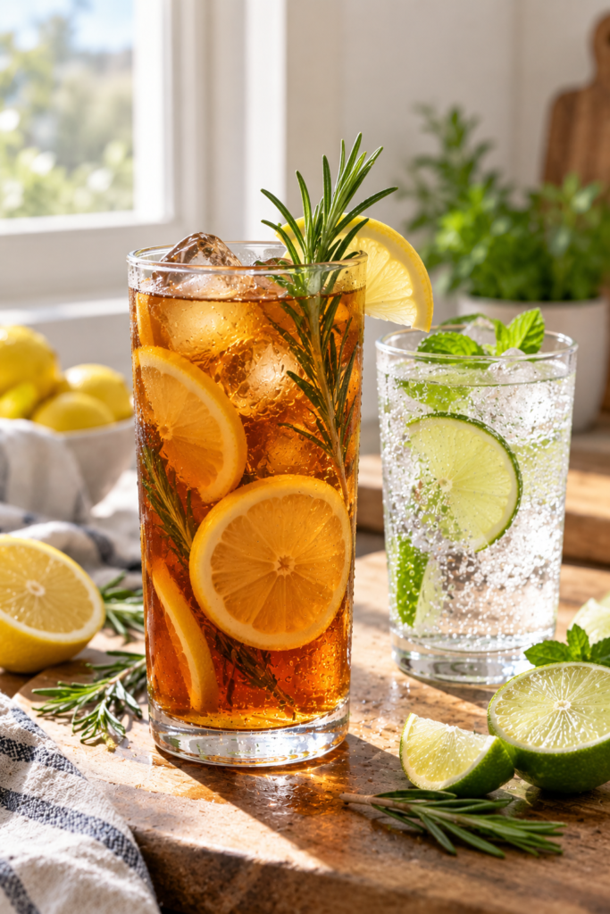 Two glasses of iced drinks on a wooden surface, one with lemon and rosemary, the other with lime and mint, surrounded by fresh citrus and herbs.
