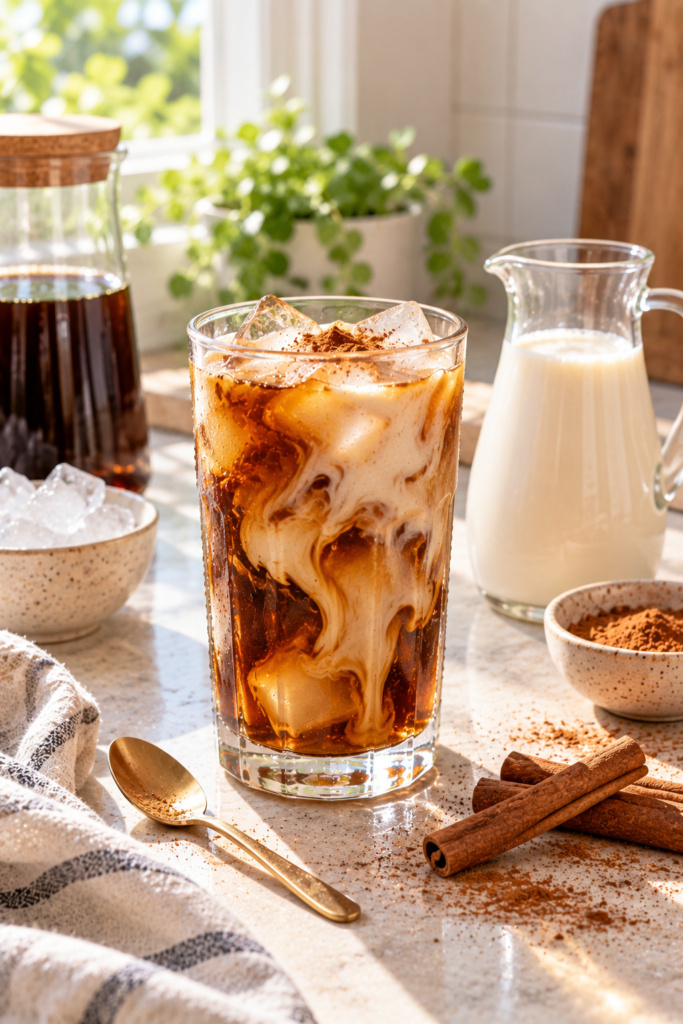 A glass of iced coffee with milk swirls, cinnamon sticks, and a small bowl of spice on a sunlit kitchen counter.