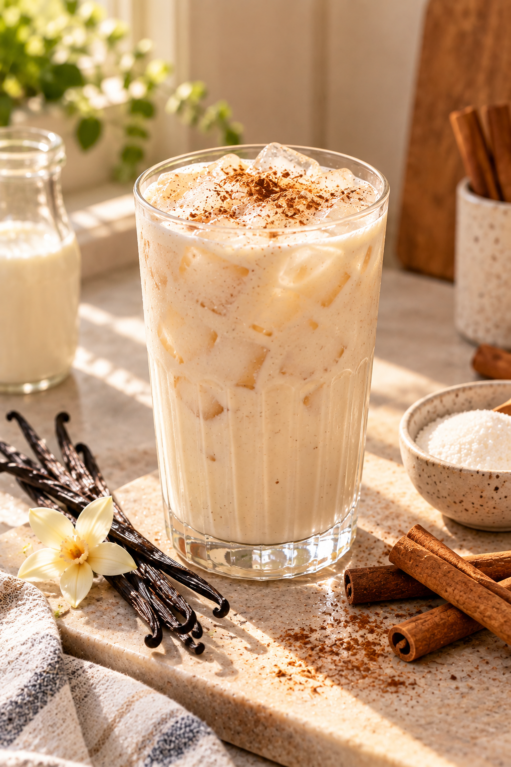 A tall glass of iced vanilla drink topped with cinnamon, surrounded by vanilla pods, cinnamon sticks, and a bowl of sugar on a sunlit counter.