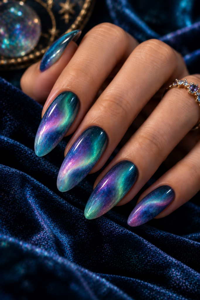 A close-up of long, almond-shaped nails featuring a swirling blue, purple, and green iridescent finish, resting on dark blue velvet fabric.