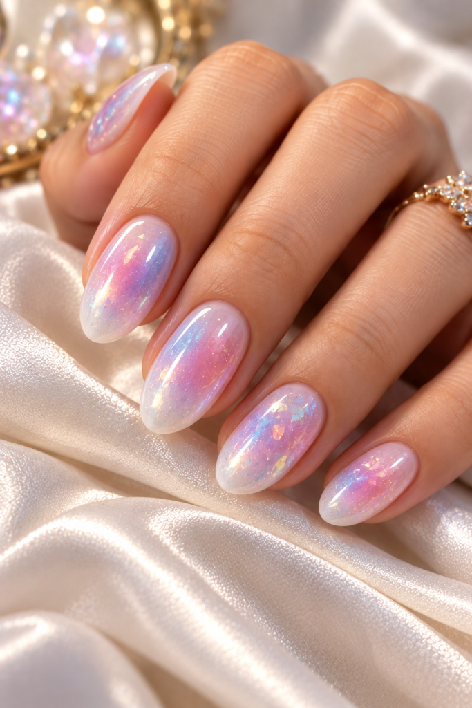 A close-up of almond-shaped nails with a soft pink and white base, featuring a shimmering, iridescent aura effect and fine glitter, resting on white satin fabric.