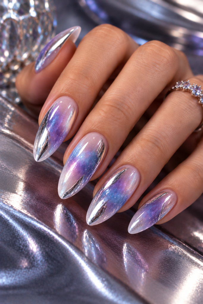 Close-up of long, almond-shaped nails featuring a purple and blue iridescent aura design with metallic silver accents, resting on a shiny silver surface.