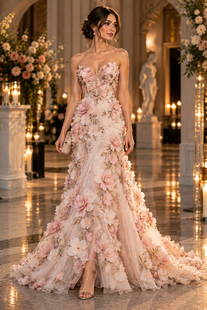 Ivory evening gown decorated with dimensional three-dimensional floral appliqués