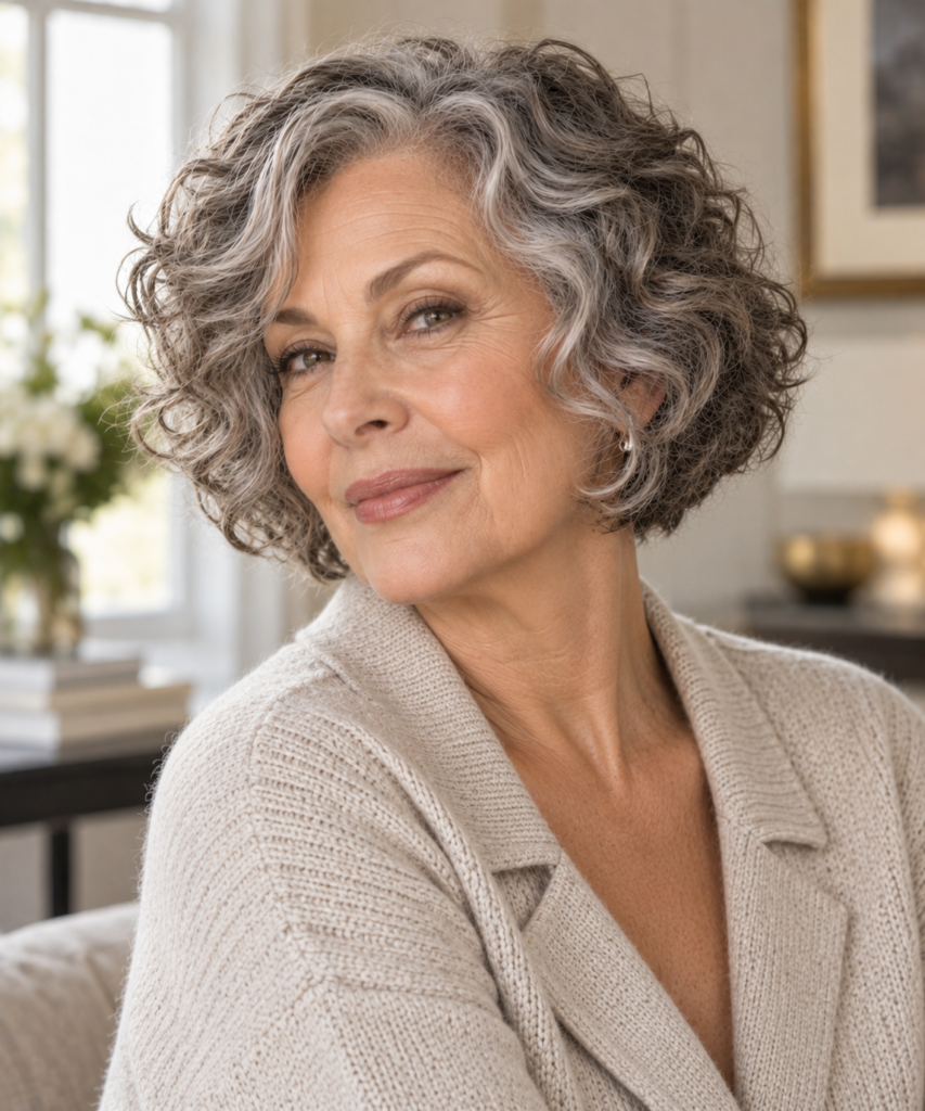 Jaw-length layered curly bob with soft face-framing curls