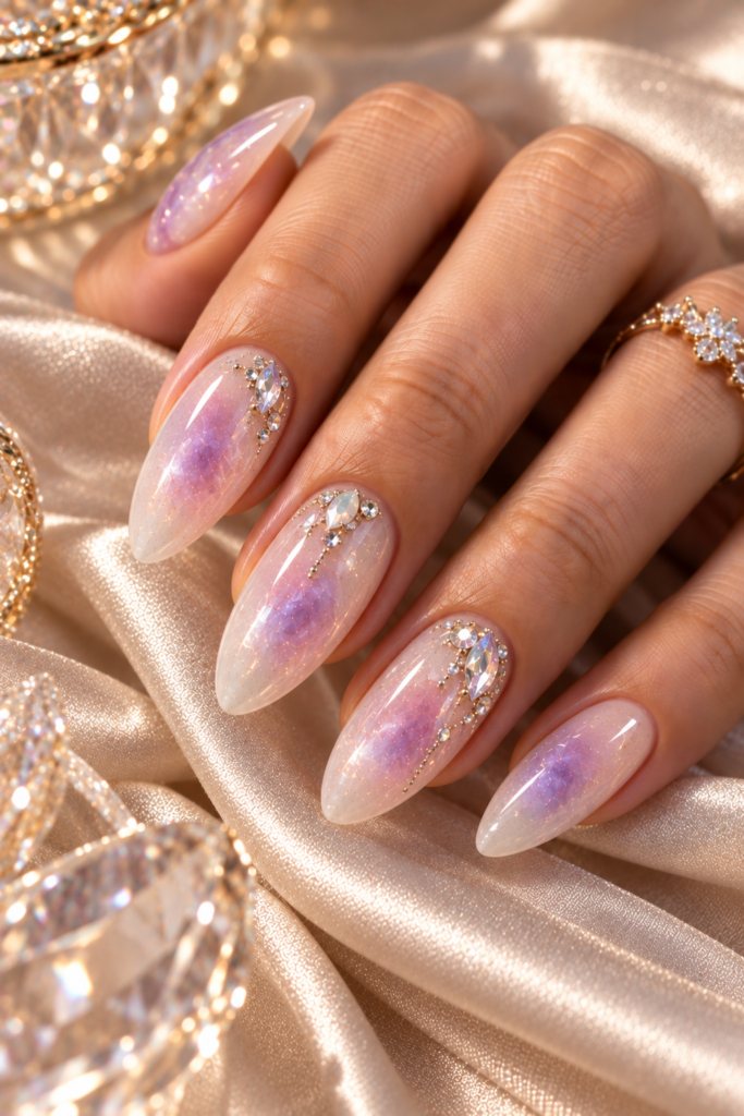 Close-up of long almond-shaped nails featuring a soft lavender aura gradient and delicate crystal embellishments, resting on a shimmering champagne satin fabric.