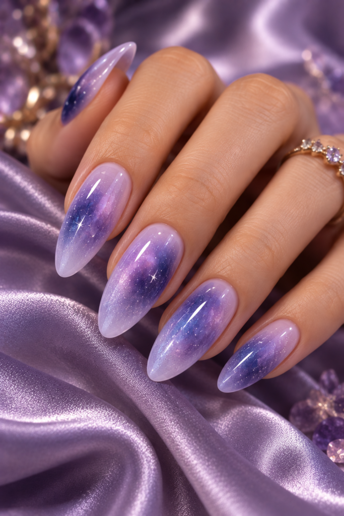 Close-up of long almond-shaped nails with a purple and blue galaxy aura design, featuring star-like sparkles, resting on purple satin fabric.