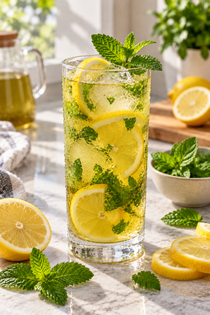 A tall glass of sparkling water with lemon slices and mint leaves, served on a marble counter with fresh lemons and a small bowl of mint nearby.