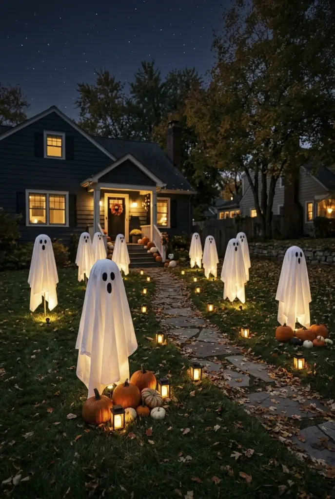 A row of illuminated white ghost decorations stands on a grassy lawn next to a stone path, surrounded by small pumpkins and lanterns at dusk.