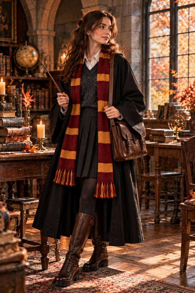 Magical boarding-school-inspired costume with robe, scarf, satchel, and wand