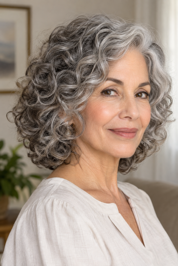 Medium curly layers with face-framing pieces on a woman over 60