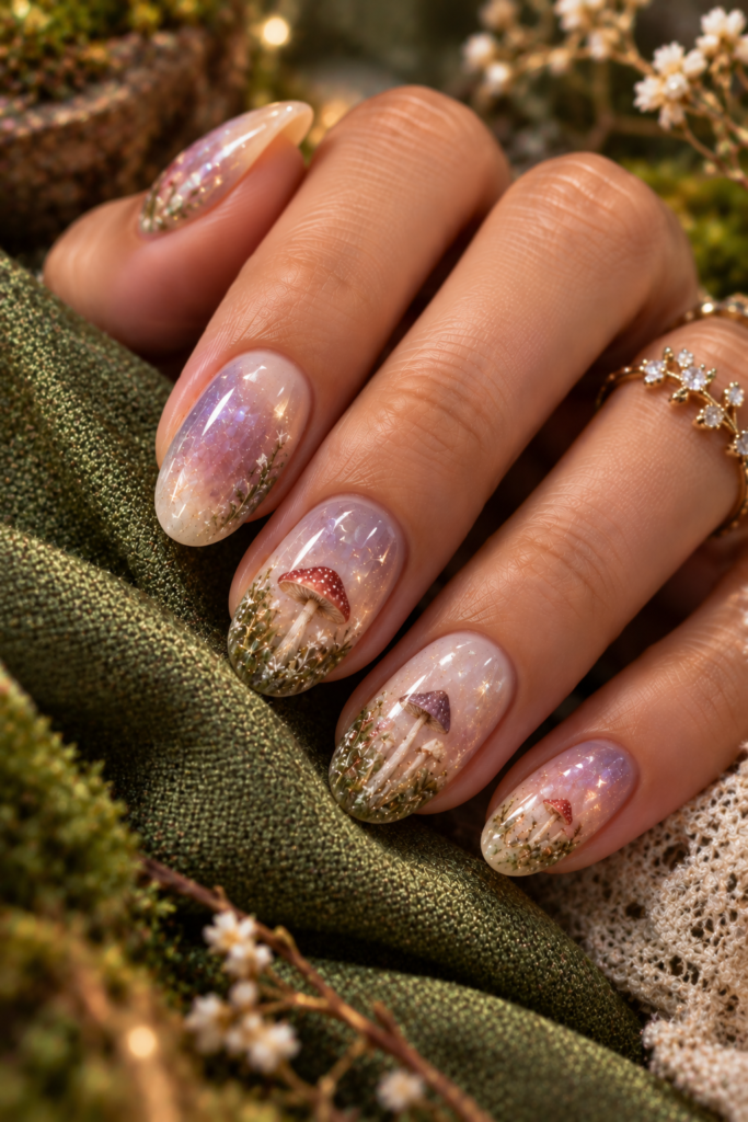 A close-up of a hand with long, almond-shaped nails featuring a soft purple and pink aura base. The design includes hand-painted red mushrooms, tiny white flowers, and gold glitter accents, set against a backdrop of green fabric and dried botanicals.