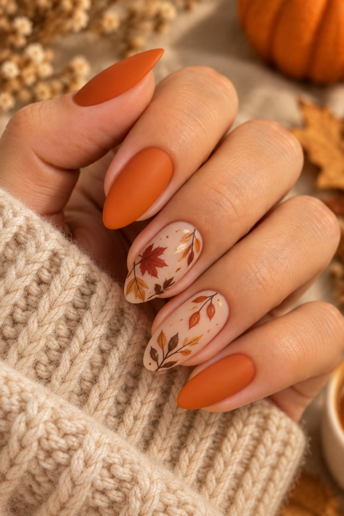 Muted orange nails decorated with delicate autumn leaf artwork