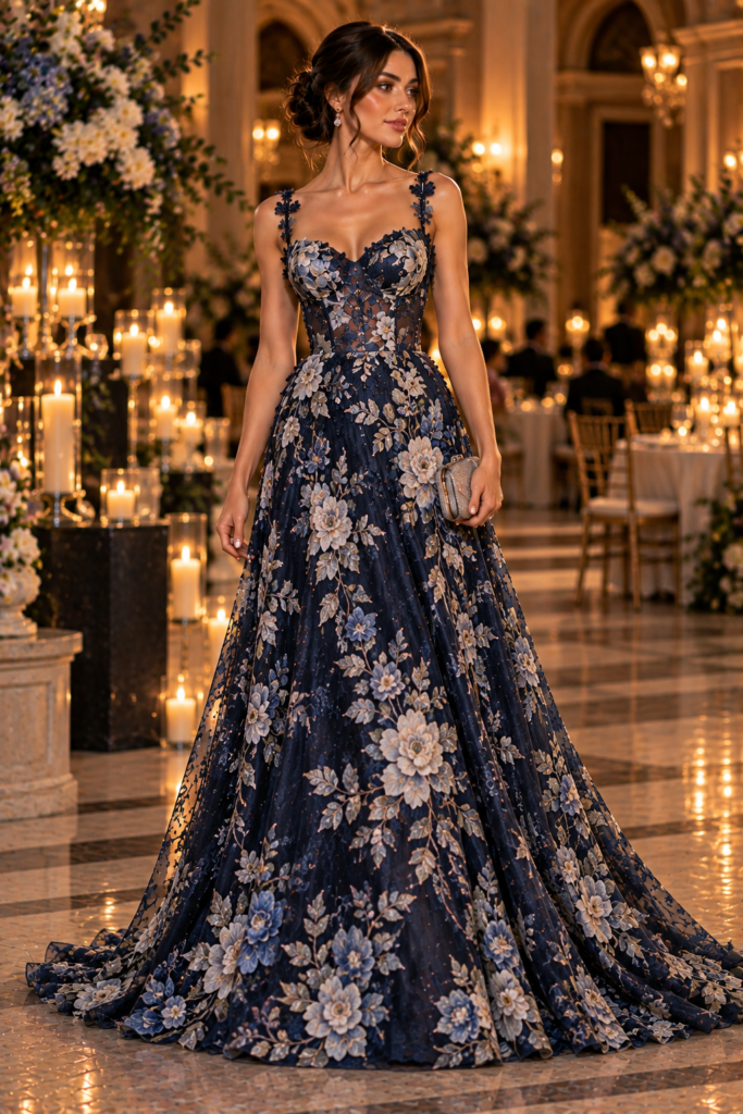 Navy floral lace evening dress with intricate ivory botanical detailing.