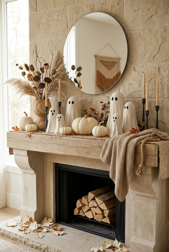 A rustic stone fireplace mantel decorated with white ceramic ghost figurines, small white pumpkins, tall candles, and dried botanicals, with a beige throw blanket draped over the side.