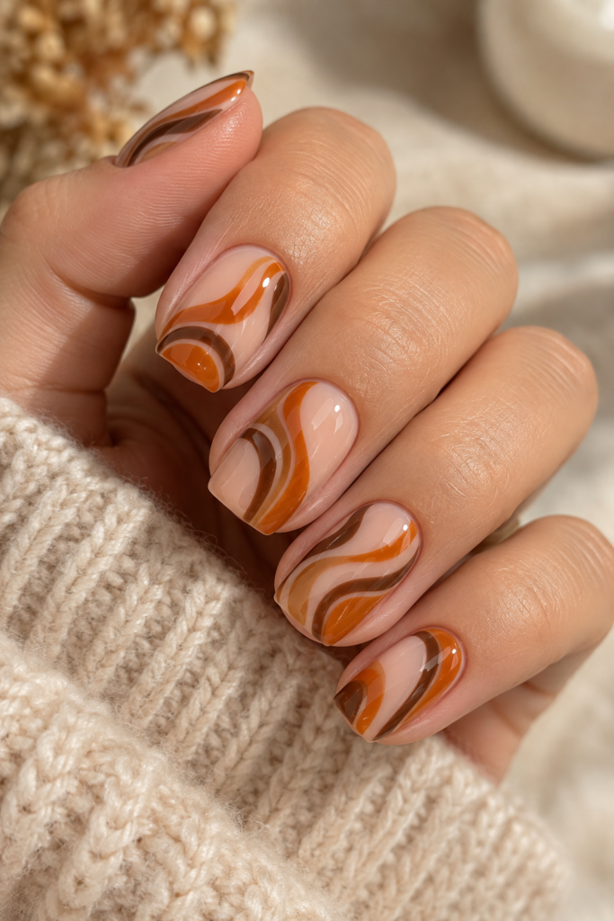 Orange and brown swirl nail art