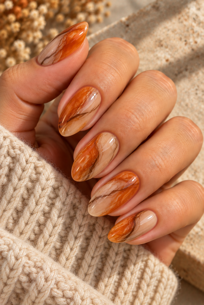 Orange and caramel marble nails 