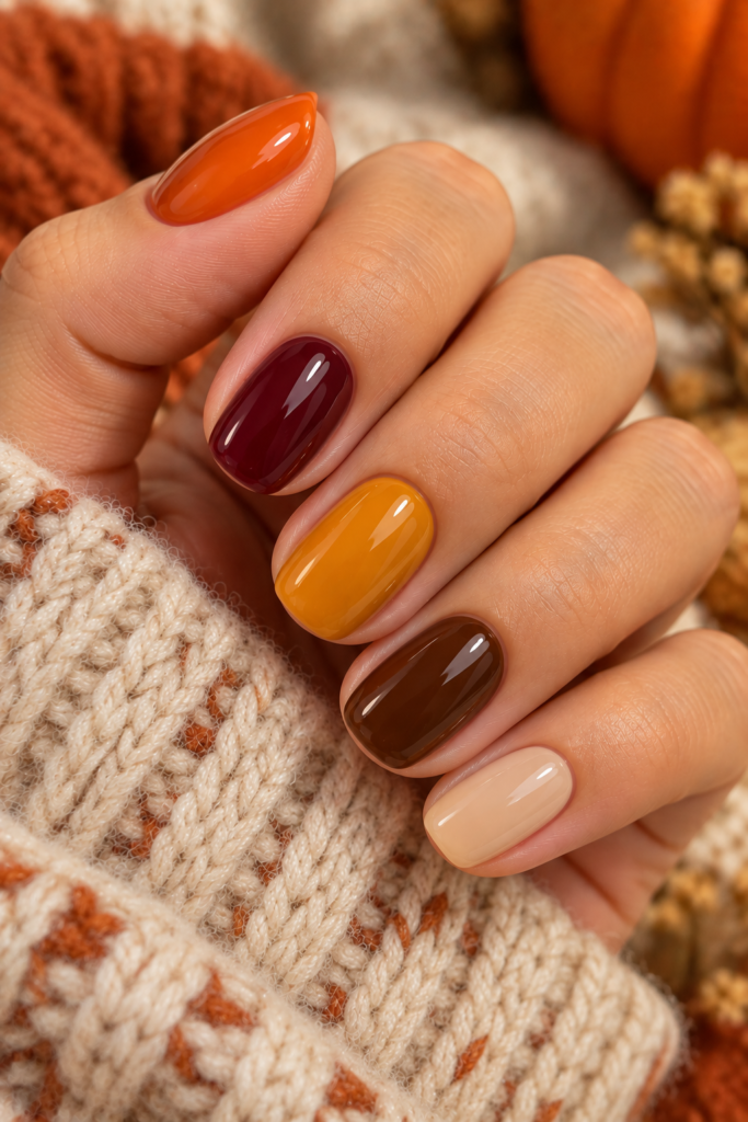 Orange, burgundy, mustard, brown, and cream autumn skittle nails
